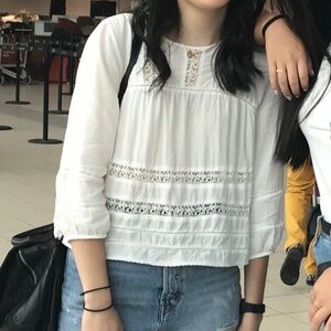 Aritzia Crochet White Top with Midi Sleeves